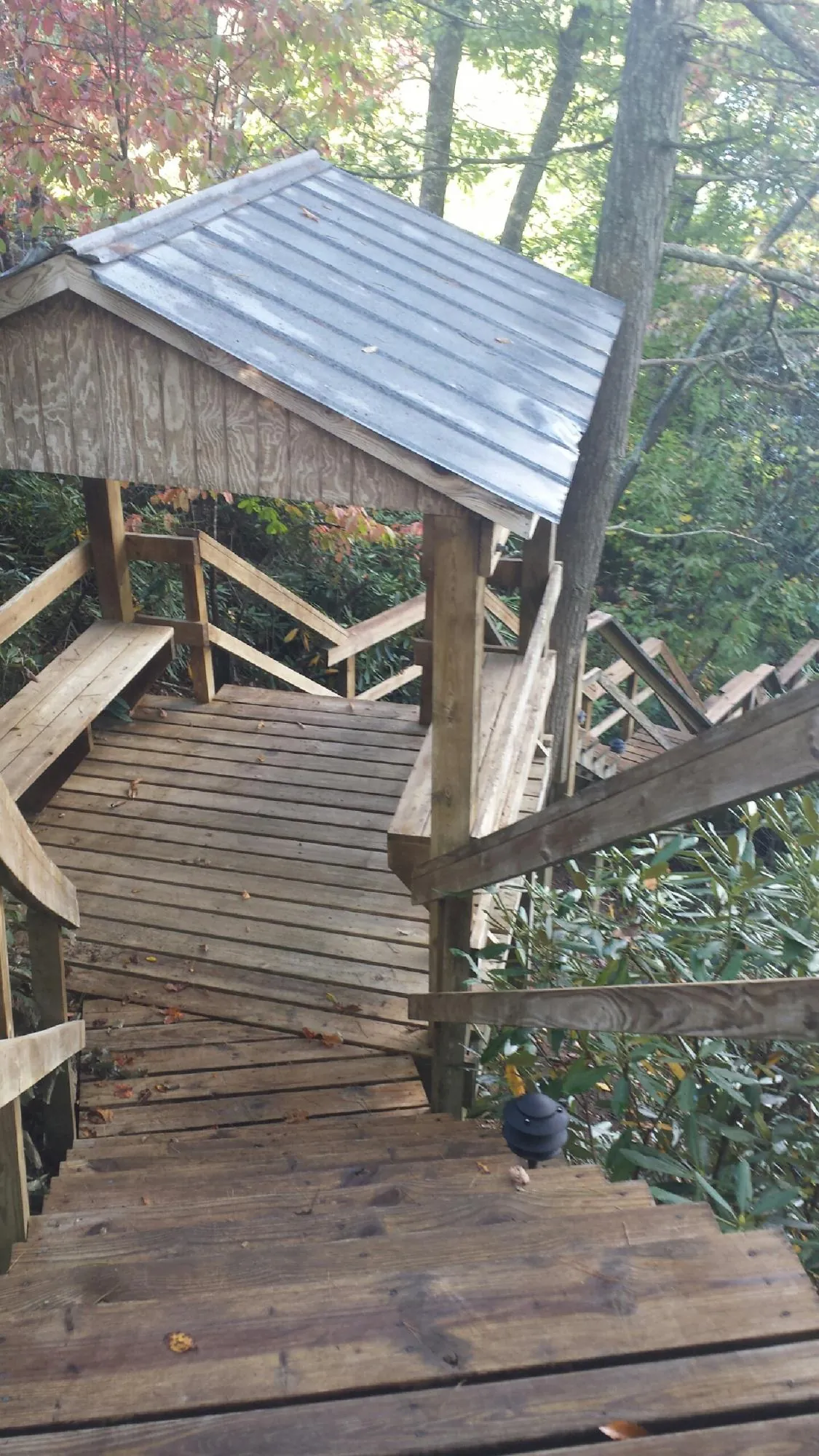 Metal roofed shelter over wooden steps on a wooded walkway — Skylight Repair & Installation work by our crew in Clark Fork